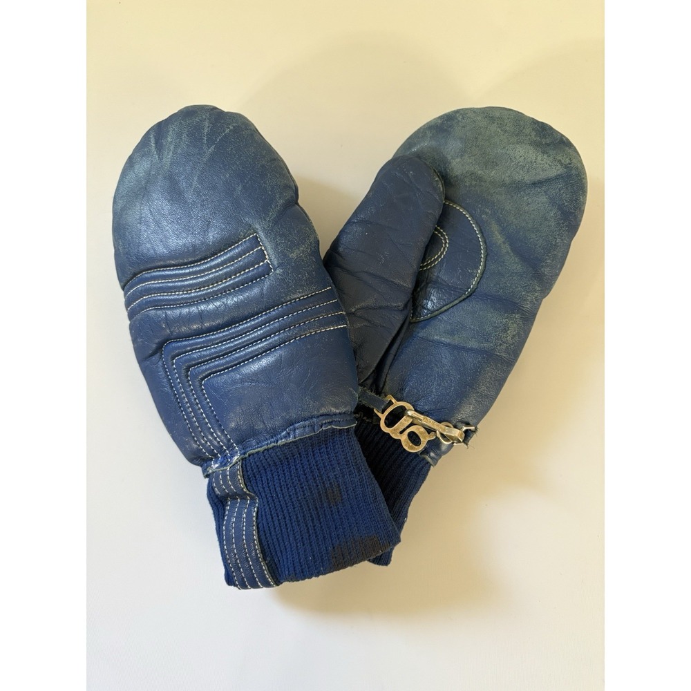 1970s Blue Leather Mittens Grandoe Vintage Lined Women’s Size Medium